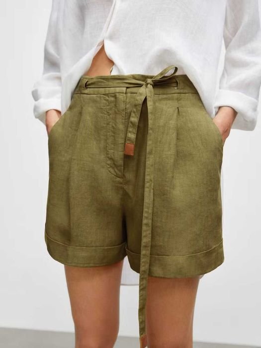 Women Massimo Dutti Shorts Green Linen 34