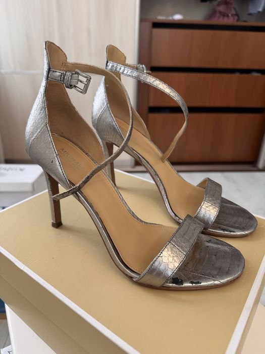 Women Heels Grey Faux Leather 38