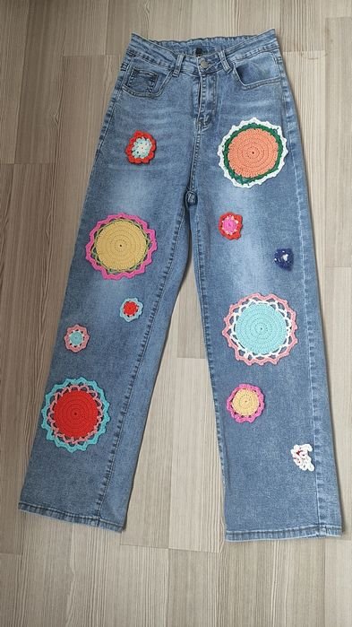 Women Boho Crochet Jeans Multicolor 38