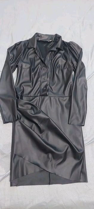 Damen Kleid Schwarz Kunstleder 36