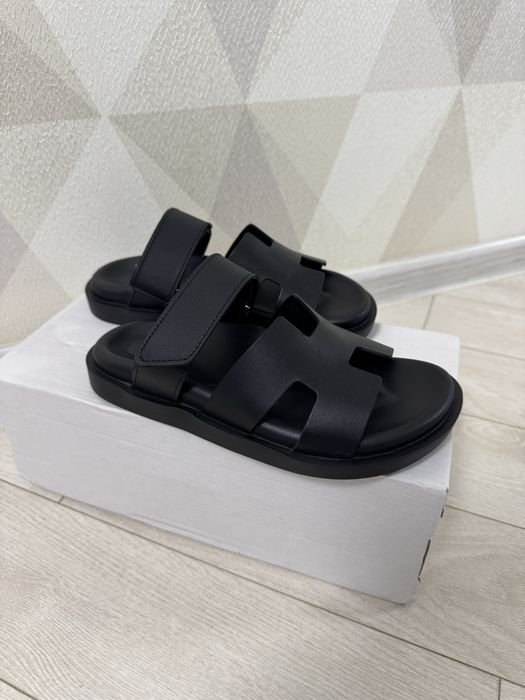 Women Hermes Style Black Leather Slippers 36