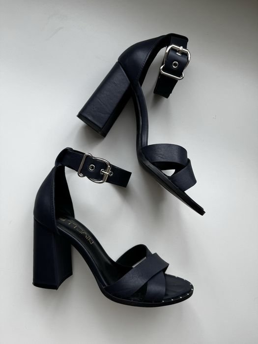 Women Heels Navy Faux Leather 38.5