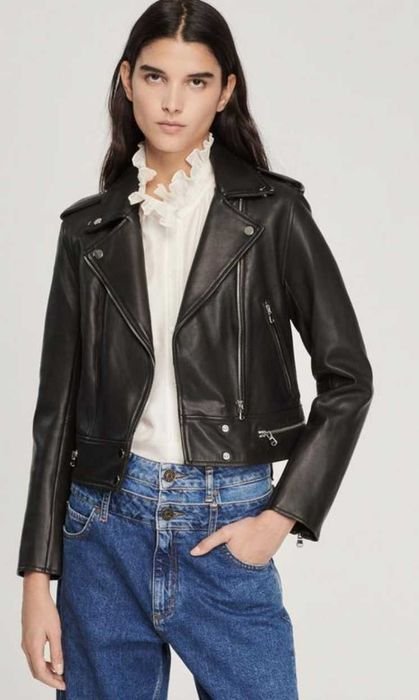 Donna Sandro Paris Giacca Biker Nera Pelle 34