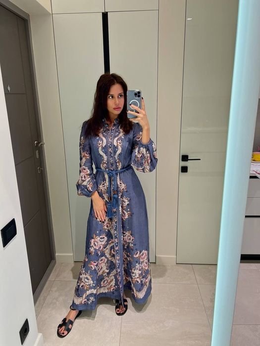 Женское Zimmermann Платье Тёмно-синий Льняное М