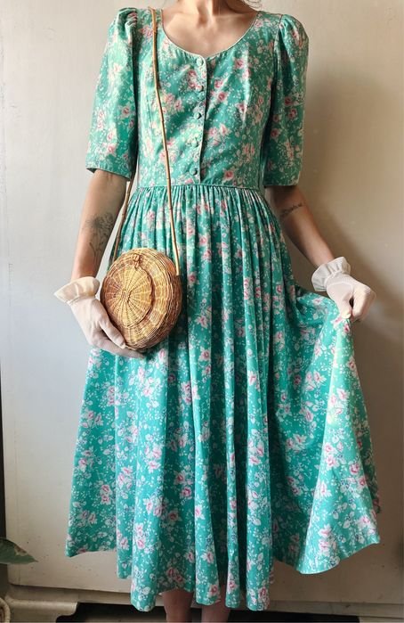 Женское Laura Ashley Платье Зелёный Хлопок 36