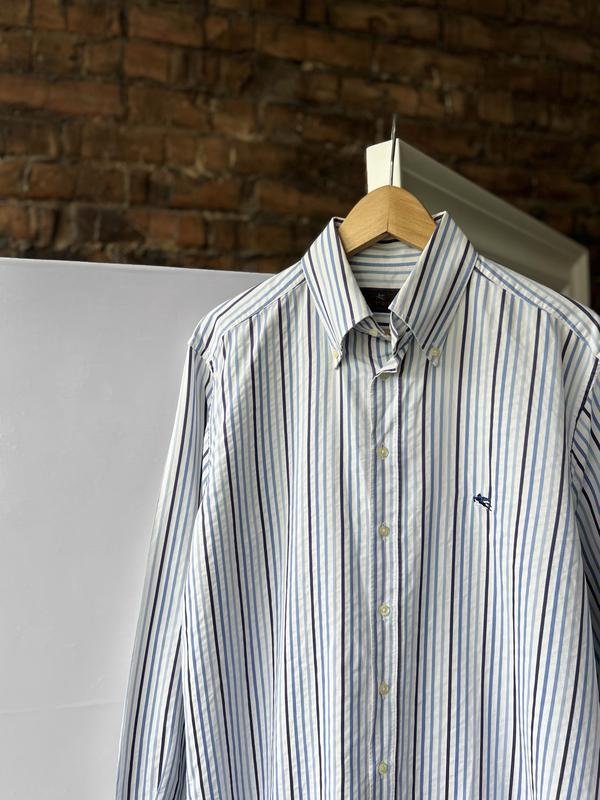 Uomo Etro Camicia Blu Navy Striata Cotone 40 /L /