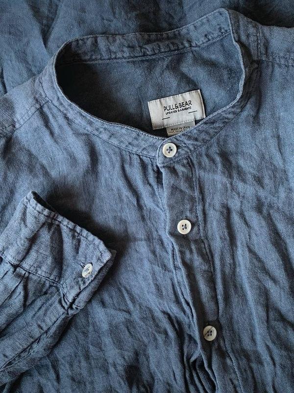 Uomo Pull&Bear Camicia Blu Navy Lino 40 /L / 48