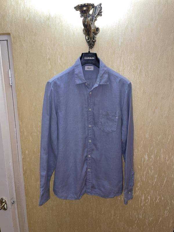 Uomo Replay Camicia Blu Navy Lino 38 / M / 46